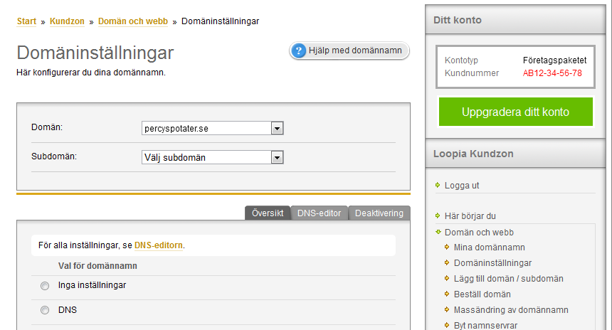 Kom-igång-guide för Administratör 30 Sidan för domäninställningar öppnas.