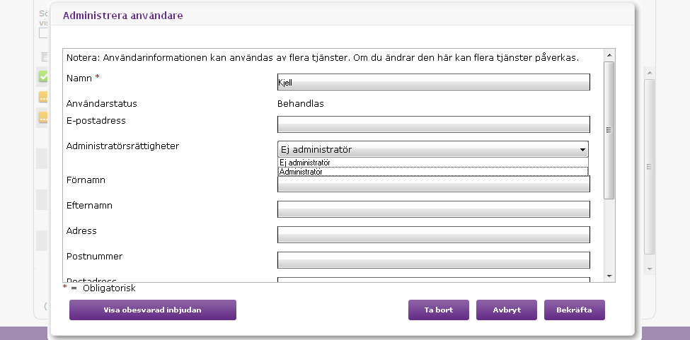 Kom-igång-guide för Administratör 61 Ändra rättigheter för användare Logga in på Telia Business Apps och klicka på ikonen kontrollpanelen. för att öppna Klicka på användarens namn i vänsterspalten.