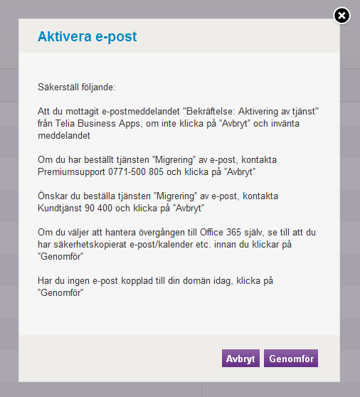Kontrollpanelen öppnar dialogrutan Aktivera e-post.