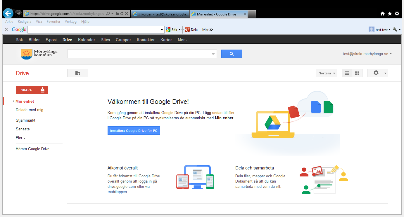 Starta installationen av Google drive Klicka på Drive i verktygsfältet Du kommer till lite olika startsidor för att börja nedladdningen.