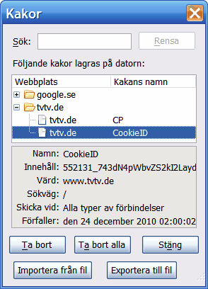 Firefox tilläggsprogram Cookies - nyttiga i små portioner 2 (5) Visa kakor Bilden visar en cookie för tvtv.