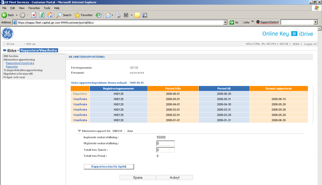 Klicka på den månaden du ska rapportera. Fyll i din utgående mätarställning och det du har kört totalt i tjänsten under den här perioden. Allt ska vara i kilometer.