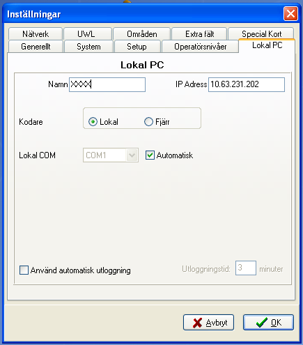 Namn Detta fält visar namnet din lokala PC där TS1000- programmet är installerat. Fältet fylls i automatiskt när programvaran installeras. Om fältet är tomt, kontakta alltid IT-operatören!