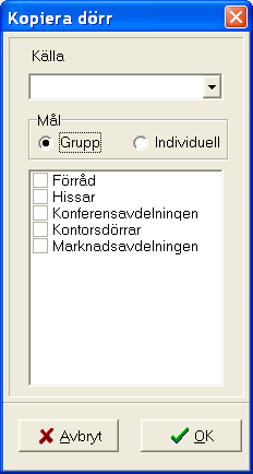 Klicka därefter på OK och ändringarna visas i behörighetsmatrisen. Kopiera dörr Denna funktion är liknande föregående funktion, men handlar om behörigheten till en dörr.
