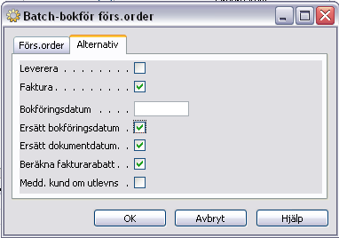 Under nästa flik sätts en bock i fältet Faktura. Fältet Leverera ska vara omarkerat, eftersom vi vill fakturera tidigare utleveranser. Önskat bokföringsdatum ska matas in i fältet Bokföringsdatum.