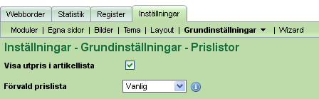 Nyheter i Fortnox Webbshop Standardprislista flyttad Inställningen för standardprislista är flyttad och finns nu under Inställningar Grundinställningar Prislistor där fältet heter Förvald