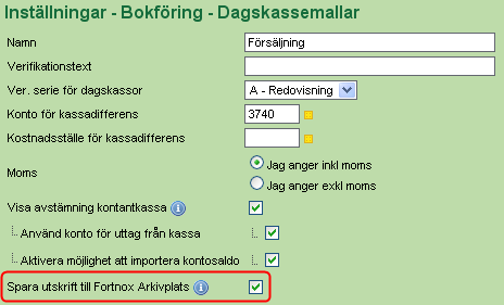 Utskrift av dagskassa Nu finns möjlighet att skriva ut dagskassan genom att klicka på knappen Skriv ut och bokför. På denna utskrift finns plats för Signatur samt för att häfta fast kassaremsan.