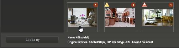 När du befinner dig i bildmappen kan du hålla muspekaren över en bild för att se vilken sida i dokumentet som den används på. Här får du även information om bildens storlek, upplösning och filformat.