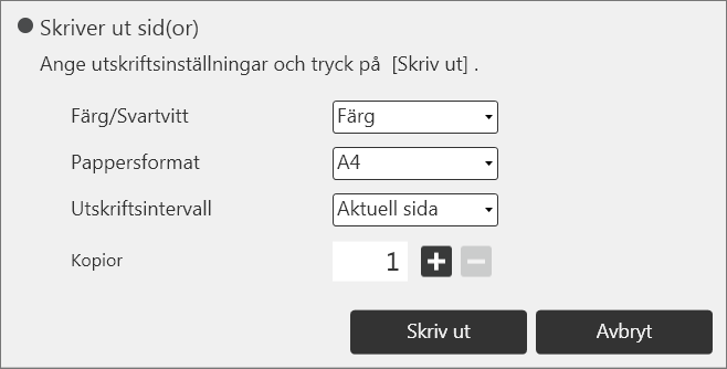 2. Använda en whiteboard 1. Tryck på ikonen Importera och spara. 2. Tryck på [Utskrift]. SV DHG330 Ett fönster för att ange utskriftsvillkor visas. 3. Ange utskriftsvillkor.