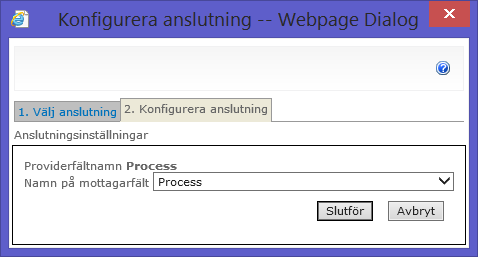 4. Välj i rutan Anslutningstyp om filter ska hämtas från den första eller den andra filteregenskapen (enligt inställningarna i webbdelen för Process Navigator). Tryck på knappen Konfigurera.