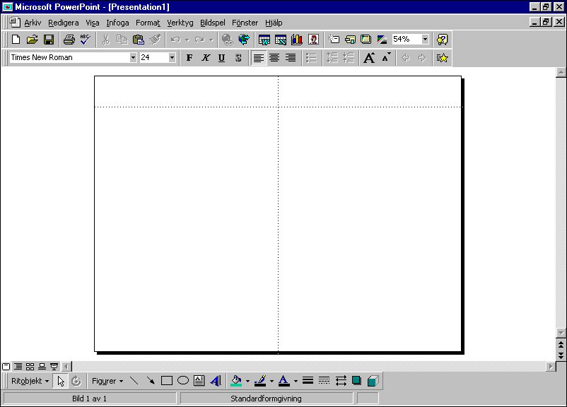 Nu får du fram PowerPoints arbetsyta där texter och bilder placeras.