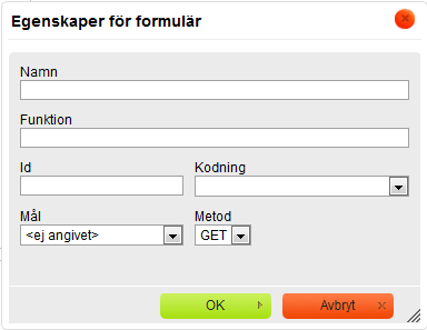 Formulär Formulär skapas med den streckade rektangeln i verktygslådan. Fyll i följande uppgifter. Namn formulärets namn Funktion är svarssidans adress. Ska vara mejlform.