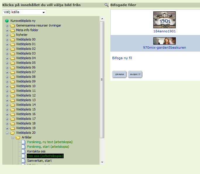 Nu ska det visas två (eller fler) bildfiler, befintliga och den nya som du precis laddade upp. h) Klicka på knappen Spara, så kommer du tillbaka till fliken Textinnehåll, där vi började.