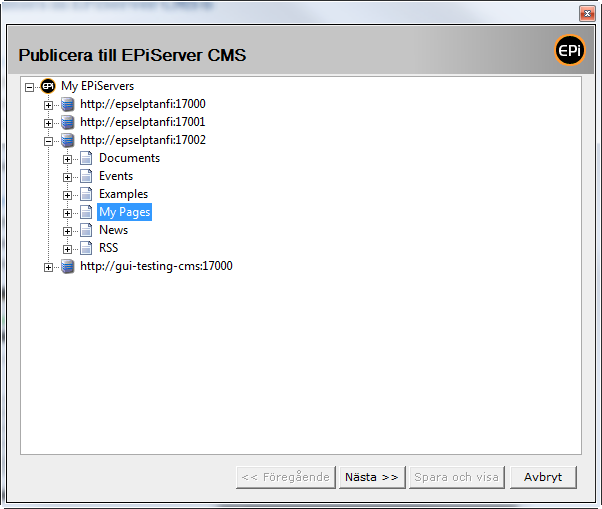 Publicera från Microsoft Office 109 3. Dialogrutan för att publicera till EPiServer CMS öppnas.