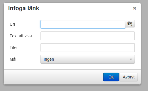 Sida 3 av 23 Infoga länk 1 (3) Infoga länk - För att ikonen ska bli aktiverad måste text eller bild ha markerats. Klicka på ikonen och en popup enligt bilden presenteras.