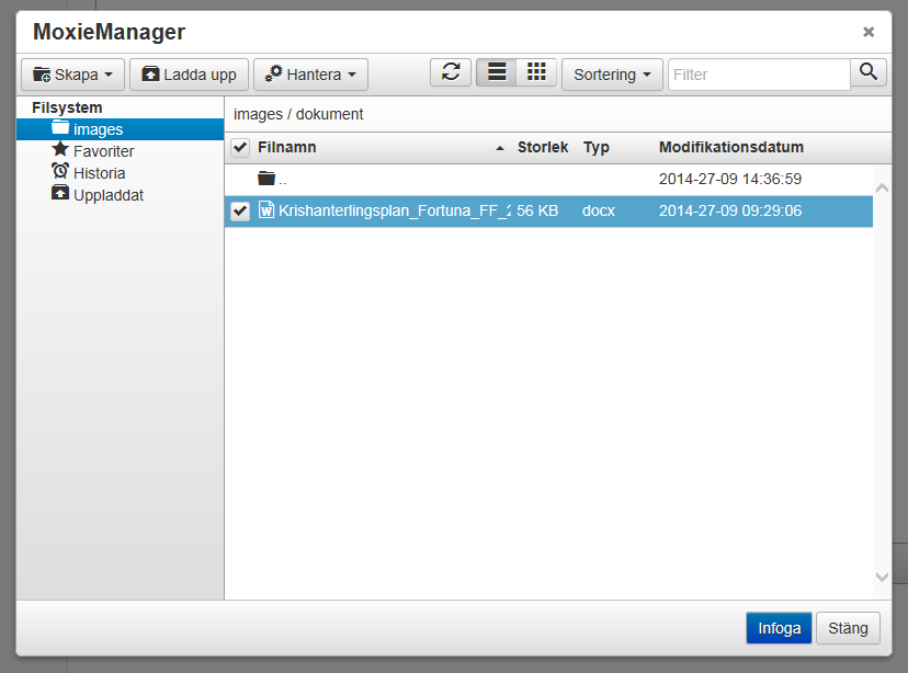 Sida 4 av 23 Infoga länk Filhantering MoxieManager 2 (3) Infoga länk Via filhanteraren MoxieManager får man möjligheten att länka till filer som finns sparade i webbplatsens filstruktur.