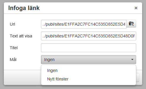 Sida 5 av 23 Infoga länk 3 (3) Infoga länk I sista steget för att infoga länk väljer Ni mål via alternativmenyn för Mål. Anges Ingen kommer klick på länken att ersätta den aktuella webbsidan.