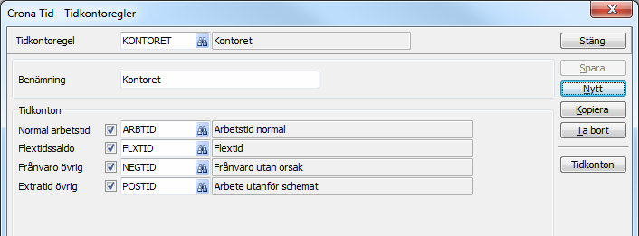 Çrona Tid Schema Tidkontoregel med flextidshantering. Tidkonton För att koppla ett tidkonto till regeln markerar du med en bock och anger det tidkonto som du vill koppla till den aktuella händelsen.