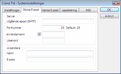 Inställningar Çrona Tid Skicka e-post För att Crona Tid ska kunna skicka e-post måste uppgift om SMTP server, portnummer och kontonamn finnas.