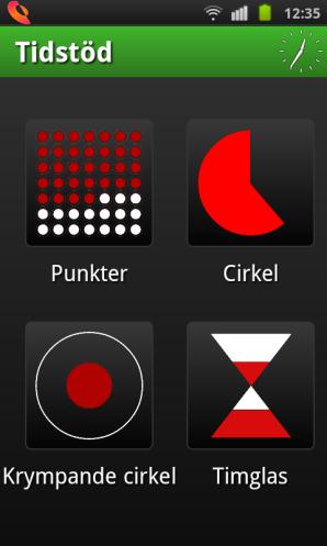 Du väljer visualisering genom att trycka på önskad ikon. De fyra valbara sätten att visualisera tid är följande: Prickar Cirkel Krympande cirkel Timglas Stegen är följande: 1. Välj funktion 2.