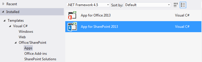 Figur 2.7 - Menyval för att skapa en SharePoint-app i Visual Studio 2012 Det är utifrån denna mall vi har utvecklat våra applikationer till SharePoint.