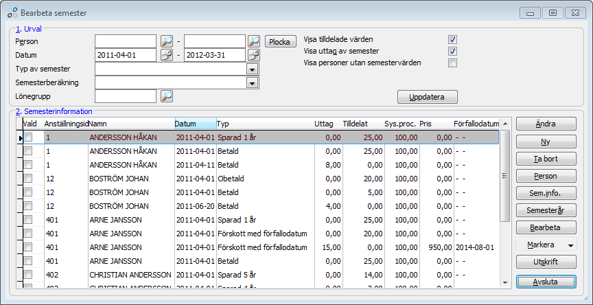 Bearbeta semester Lön Semesterhantering - Bearbeta semester. I denna funktion visas all semester för alla anställda.