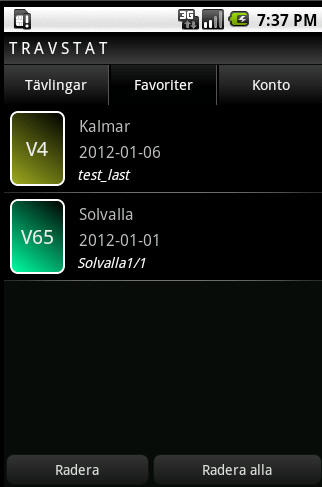 20 TravStat Android Mobile App Ett lagrat spelförslag hämtar du upp genom att klicka på det i Favoriter.