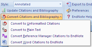 Formatera och avformatera referenslista Word 2007 Anpassa formatet på citeringar och referenslistan genom att välja den Style du vill ha (stilen Annotated visar abstract i referenslistan) Klicka på