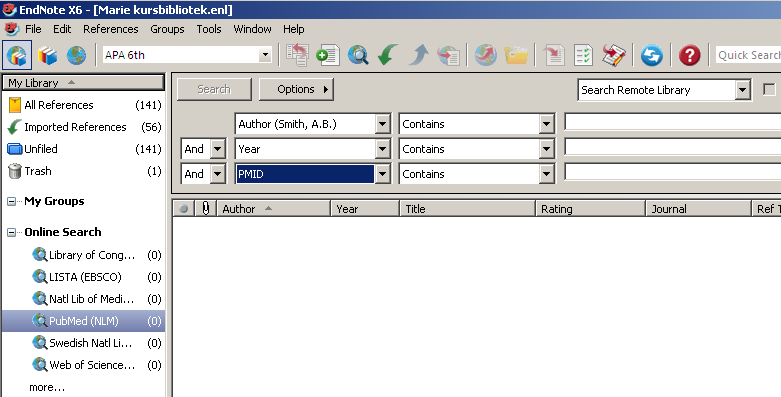 Att söka PubMed via EndNote Under Online Search kan du välja i vilken databas du vill söka i. Klicka på more för att hitta fler databaser och bibliotekskataloger.