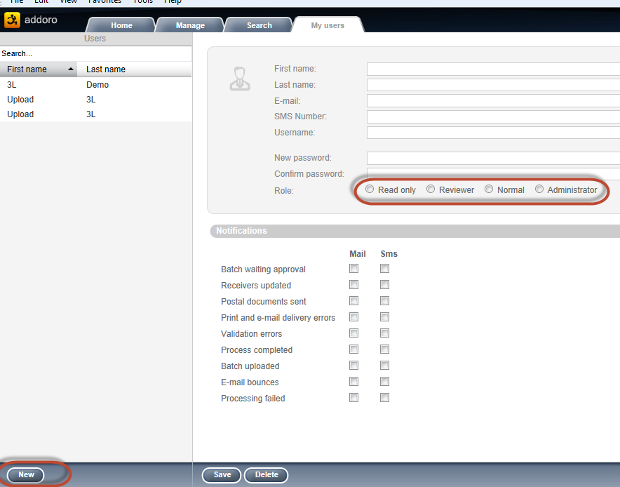 Lägga upp nya användare Görs under fliken My users och new. Användarna kan delas in i följande grupper: Read Only: Kan bara titta på dokument, ej ändra.