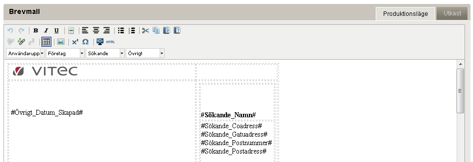 I tidigare version av Vitec Portal Marknad erhöll systemet stöd för att manipulera brevmallarna som ligger till grund för all korrespondens ut ur systemet, både via e-post och också brev.