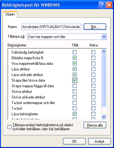 SITHS UTBILDNING SUP P ORT VER 3. 3 S ID 7(46) samt att rättigheten endast gäller att lägga till nya filer och skriva data i nya filer, se figur 2. Figur 2. Rättigheter för Net ID.
