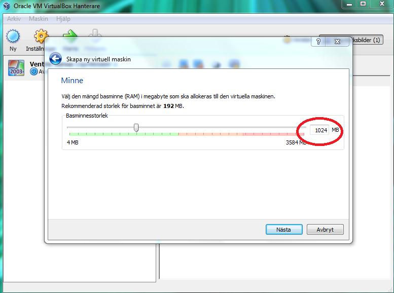 fungera. Nu är det dags att välja hur mycket av datorns RAM-minne som vi ska allokera till den virtuella maskinen.