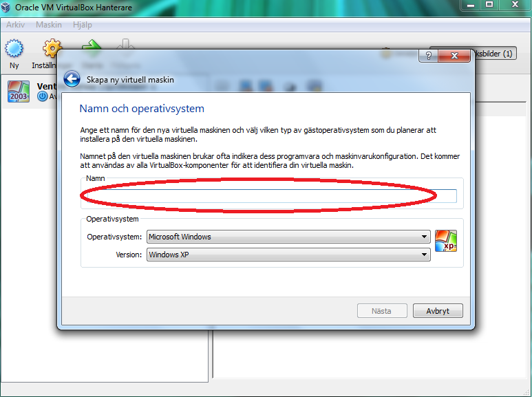 Välj vad den virtuella maskinen ska heta. Efter det så väljer du vilket operativsystem som du kommer att installera på den.