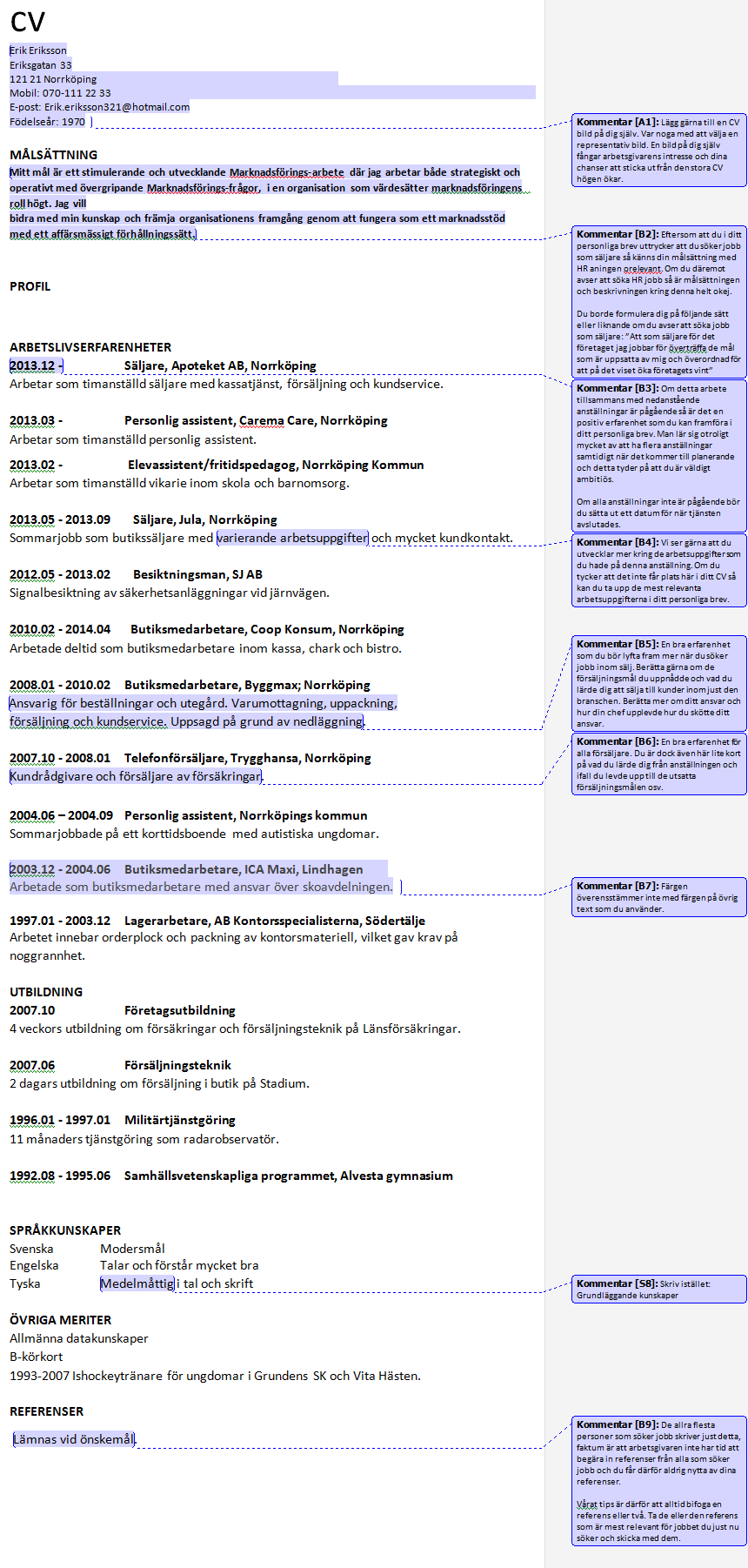 Exempel på ett CV med en