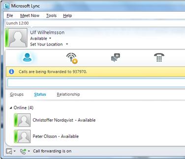 Hänvisning i Vision 80/20 presence status i Lync Telefonist och användare har tillgång till hänvisningsstatus