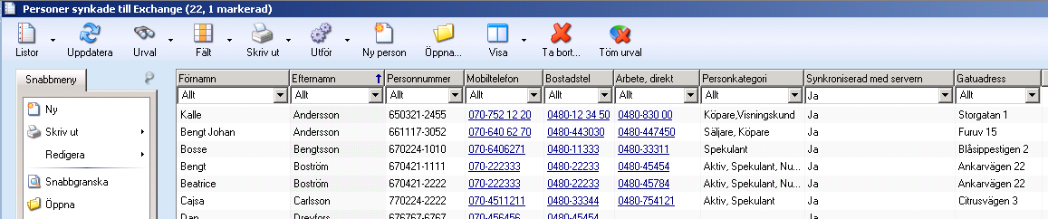 Se vilka personer som synkroniseras med Exchange Öppna en lista med personer och uppe i menyn klicka på Fält->Lägg till Fält.
