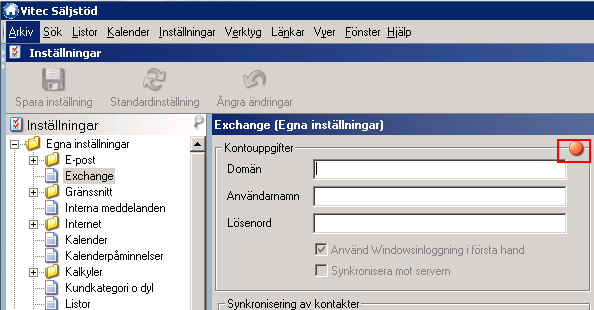 Manuella kontouppgifter 1. Logga in i Vitec Säljstöd med det användarkontot som skall kopplas till Exchange. 2. Gå till Inställningar->Egna inställningar->exchange 3.