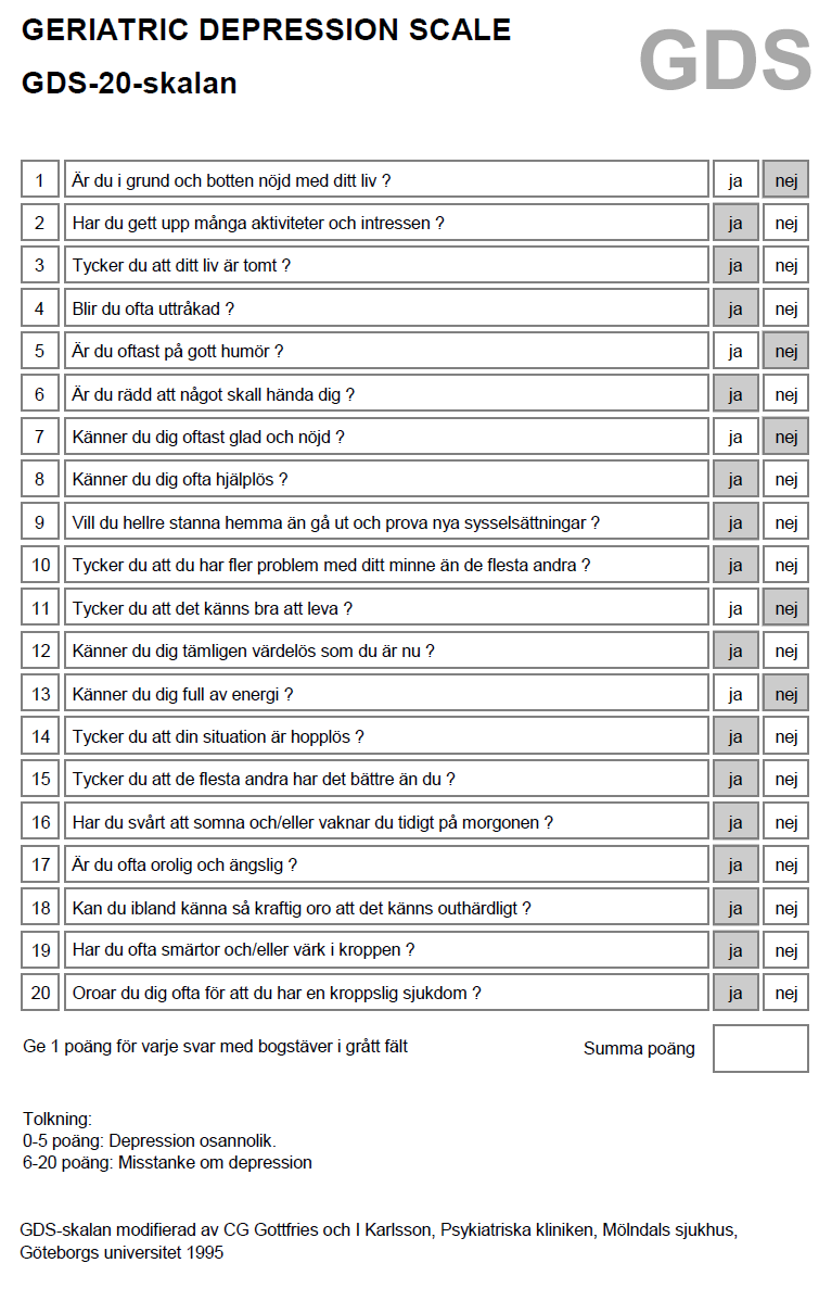 Skattningsskalor kan vara till hjälp vid screening (GDS) och skattning av depressionsgrad (t ex MADRS) Men diagnos ställs utifrån