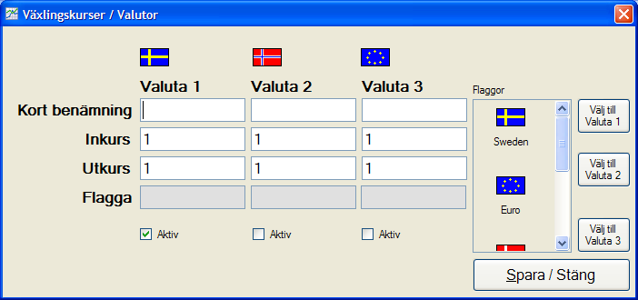 Växlingskurser / Valuta Optitec RS Kan hantera betalning med olika valutor, dock måste växlingskurser skrivas in manuellt.