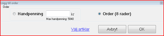 Blir det pengar över visas det i rutan Tillbaka till kund. För att slutföra allting tryck knappen OK, kvitto skrivs ut samt att kassalådan öppnas. Vanligt kvitto är förvalt vid utskrift.