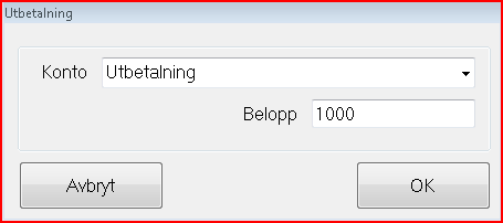 Utbetalning Utbetalning är funktion för kontanter som tas ur kassalådan. Tryck knappen, välj konto och summa och knappen OK. Konton lägger man in i artikelhanteringen.