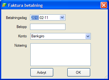 Betalning av faktura Betalningar på en faktura kan läggas till i rutan nederst till höger, Betalningar. Detta förutsätter att plus eller bankgiro finns angett under Konton i artikelhanteringen.