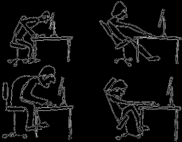 Sittande Vid sittande ökar belastningen på ryggen - Disktrycket ökar med ca 35% Sitt Aktivt Ryggen i normalkurvatur Huvudet neutralt, blicken rakt fram Sitt högt, tippa stoldynan framåt, fötterna