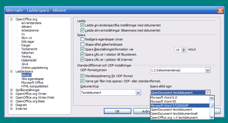 Filformat Under inställningar kan du tala om för OpenOffice att du vill att den ska spara i MS-Office format. Om ni har en blandad miljö med även MS-Office så är det lämpligt att göra det.