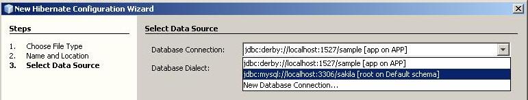 Behåll filnamnet hibernate.cfg. Välj src/main/resources som Folder. Välj Sakila som Database connection och tryck finish. Detta kan ta lite tid att skapa.