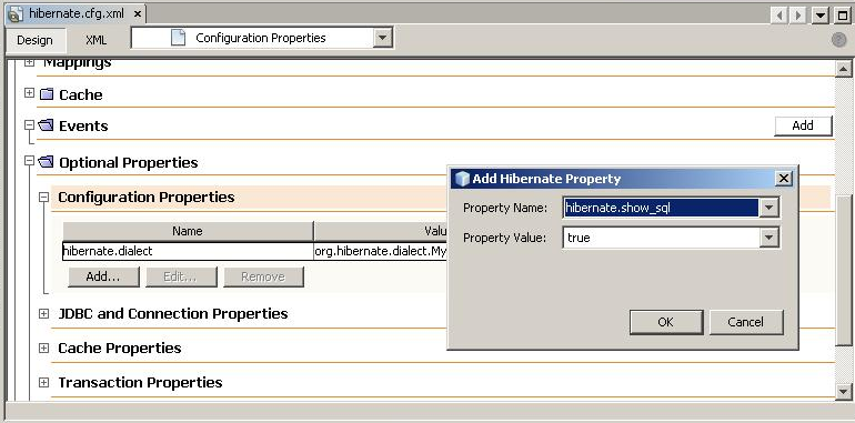 2 Möjliggör debugging av SQL frågor. Se till att hibernate.cfg.xml är öppen på design fliken, öppna optional properties och därefter configuration propertiess.