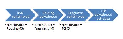 Pakethuvudet i IPv6 däremot är av en fast karaktär på 320 bitar, eller 40 bytes (se Figur 3.