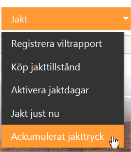 Rapport Ackumulerat Jakttryck Rapporten beskriver hur många aktiverade jaktkort det finnsunder en vald period i ett eller flera områden. Klicka på Jakt.