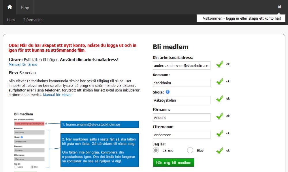 Konto (Obs elevregistrering görs på annat sätt. Se separat elevmanual) Logga in Gå till sli.se/medioteket och klicka på hänglåset uppe till höger.